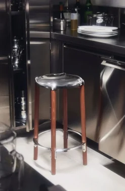 Alessi Poêle bar stool, brown beech - mirror polished steel
