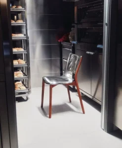 Alessi Poêle chair, brown beech - mirror polished steel