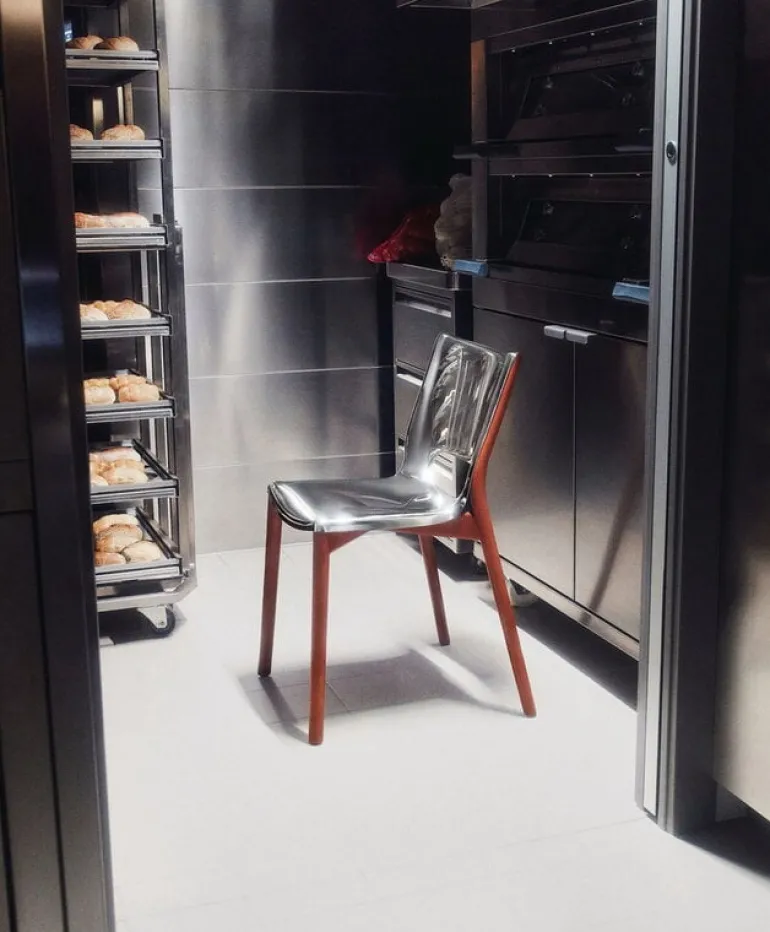 Alessi Poêle chair, brown beech - mirror polished steel