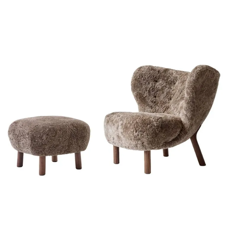 &Tradition Little Petra lounge chair and pouf, Sahara sheepskin - walnut