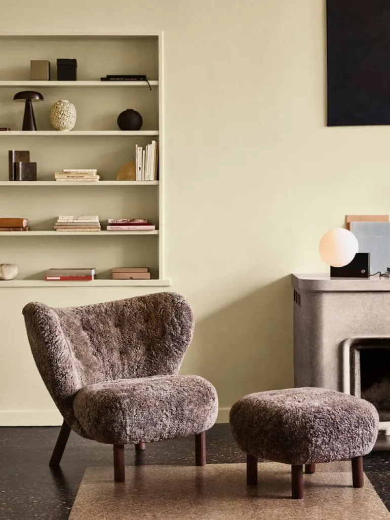 &Tradition Little Petra lounge chair and pouf, Sahara sheepskin - walnut