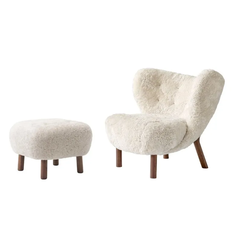 &Tradition Little Petra lounge chair and pouf, Moonlight sheepskin - walnut