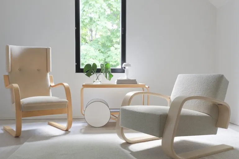 Artek Aalto armchair 400 "Tank", birch - cream/pearl Nubia 02