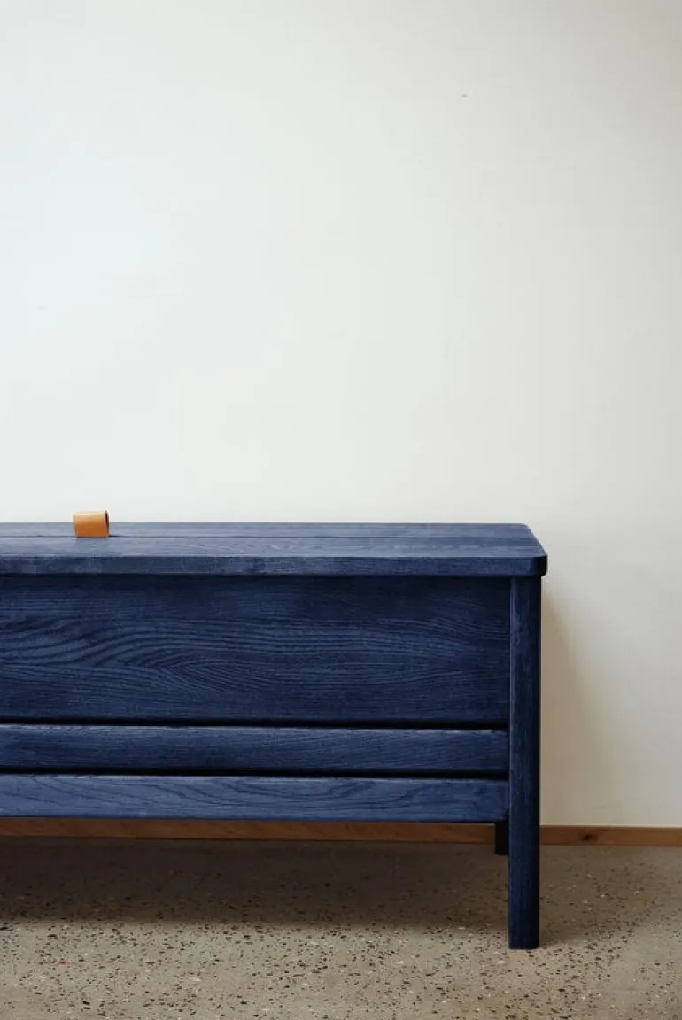 Form & Refine A Line storage bench, 111 cm, indigo blue stained ash