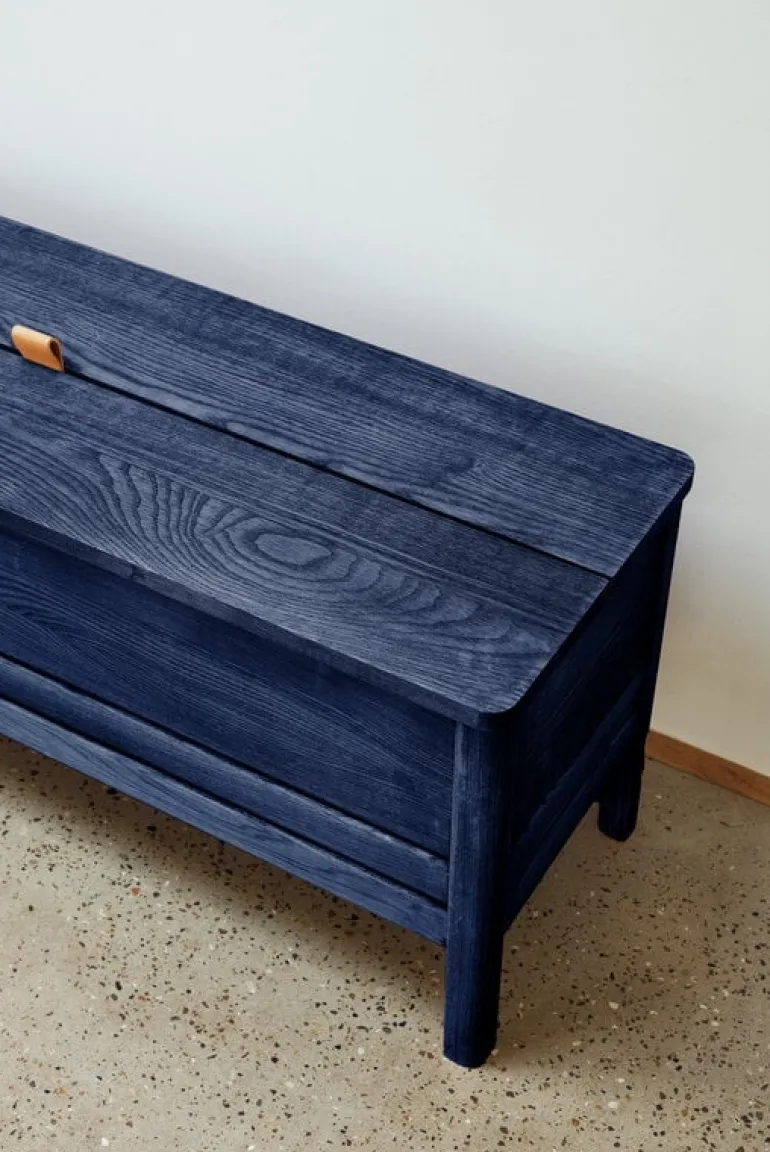 Form & Refine A Line storage bench, 111 cm, indigo blue stained ash
