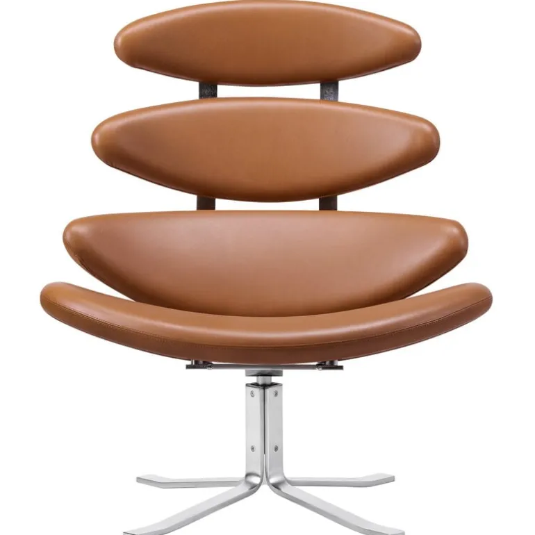 Fredericia Corona chair, brushed chrome - cognac leather