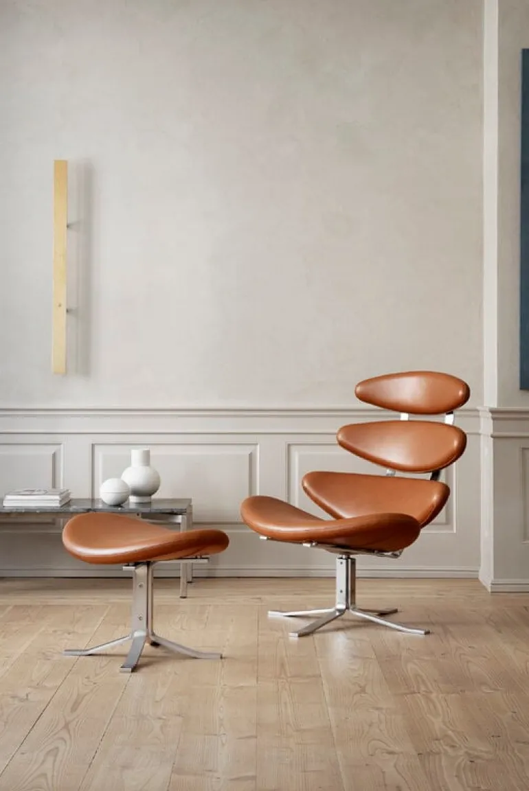 Fredericia Corona chair, brushed chrome - cognac leather