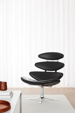 Fredericia Corona chair, brushed chrome - black leather