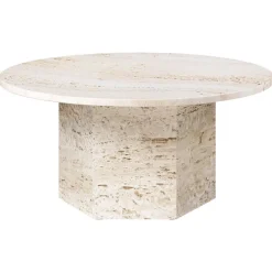 GUBI Epic coffee table, round, 80 cm, white travertine