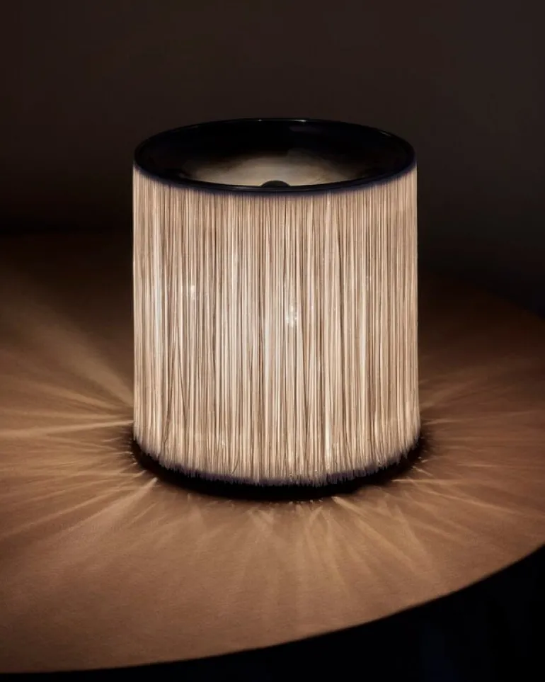 GUBI Model 597 table lamp, polished aluminium - cream fringe