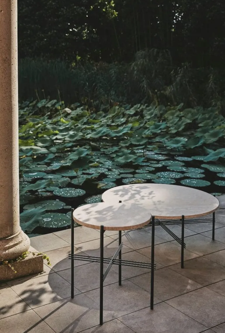 GUBI TS Outdoor coffee table, 80 cm, black - white travertine