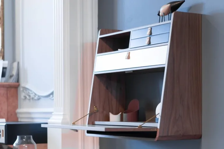 Hartô Gaston wall desk, 80 cm, oak - brass - petrol blue