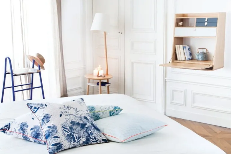 Hartô Gaston wall desk, 80 cm, oak - brass - petrol blue