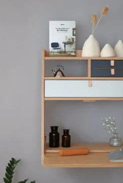 Hartô Gaston wall desk, 60 cm, oak - brass - petrol blue