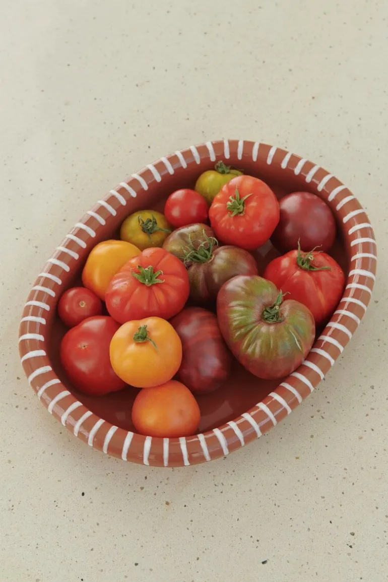 HAY Barro oval dish, L, natural teracotta with stripes