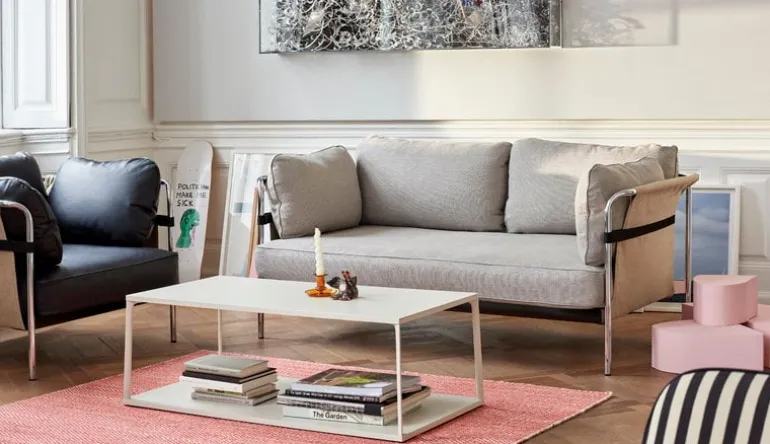 HAY Can lounge chair, black leather - natural canvas - black frame