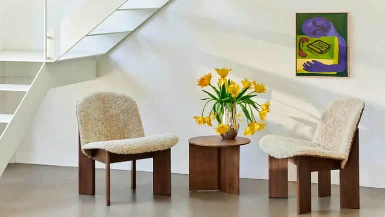 HAY Chisel lounge chair, Mohawi 21 sheepskin - lacquered walnut