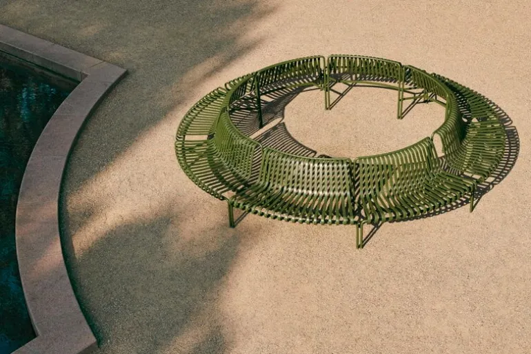 HAY Palissade Park dining bench add-on, out, sky grey