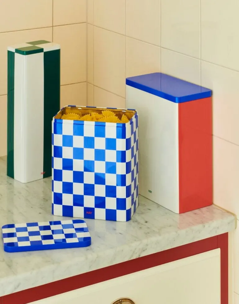 HAY Tin container, L, blue - off-white