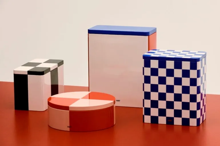 HAY Tin container, L, blue - off-white