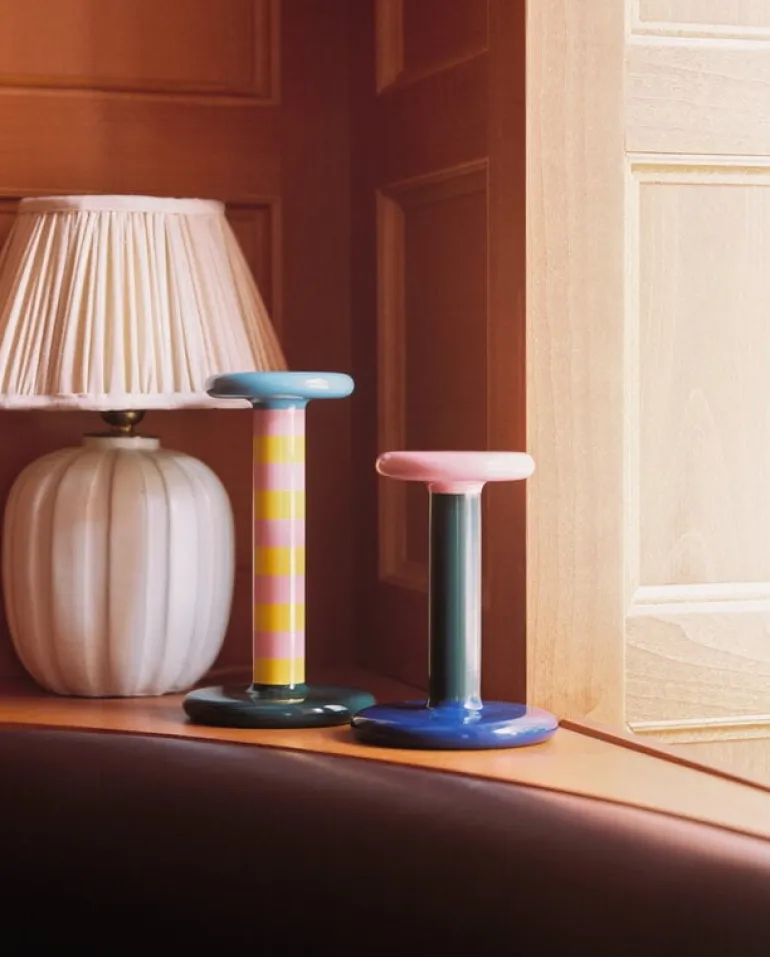 Hem Pesa candle holder, high, pink - sulfur yellow stripe