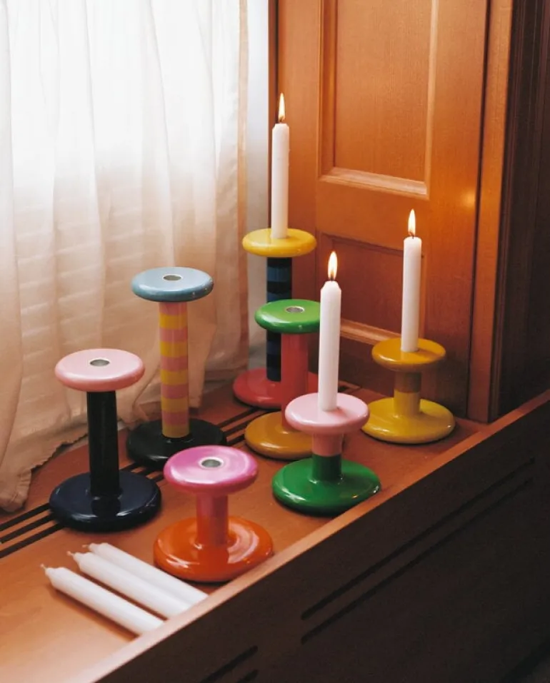 Hem Pesa candle holder, high, pink - sulfur yellow stripe