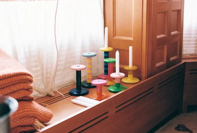 Hem Pesa candle holder, high, pink - sulfur yellow stripe