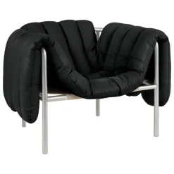 Hem Puffy lounge chair, black leather - stainless steel