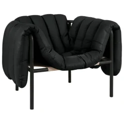 Hem Puffy lounge chair, black leather - black grey steel