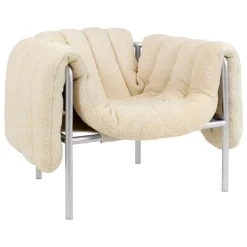 Hem Puffy lounge chair, eggshell boucle - stainless steel