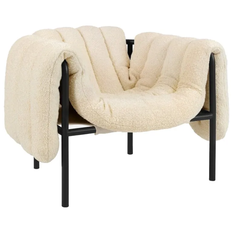 Hem Puffy lounge chair, eggshell boucle - black grey steel