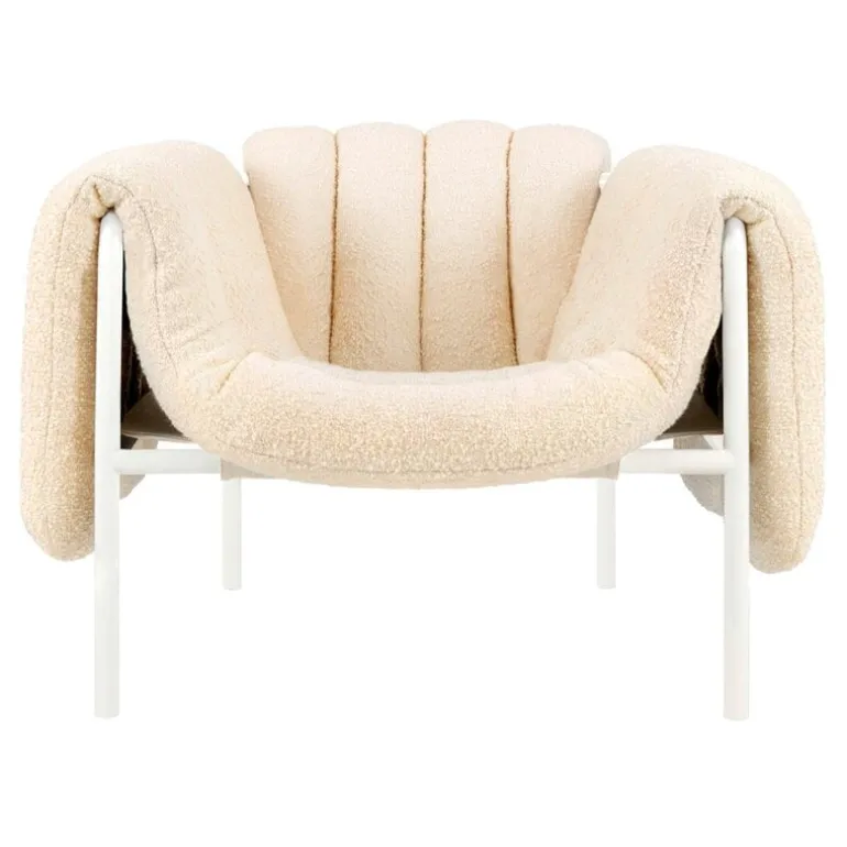 Hem Puffy lounge chair, eggshell boucle - cream steel