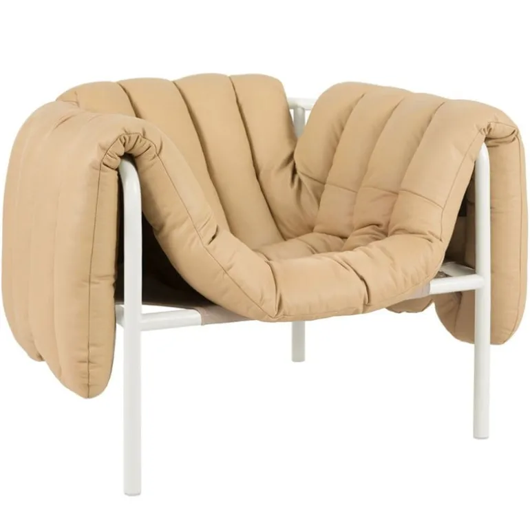 Hem Puffy lounge chair, sand leather - cream steel