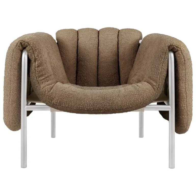 Hem Puffy lounge chair, sawdust boucle - stainless steel