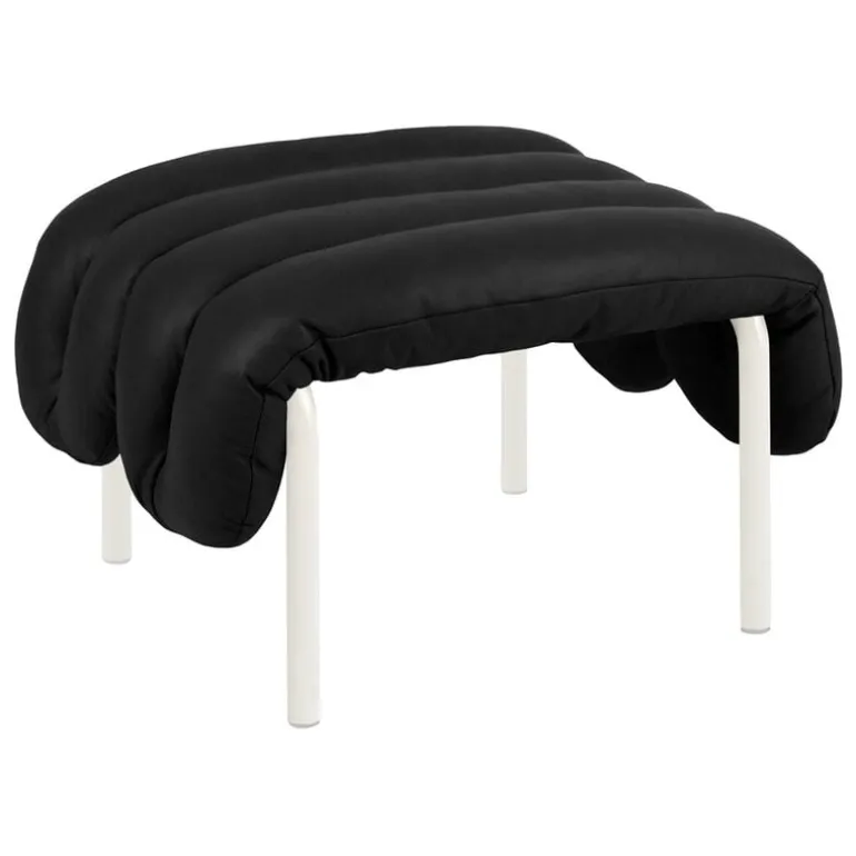 Hem Puffy ottoman, black leather - cream steel