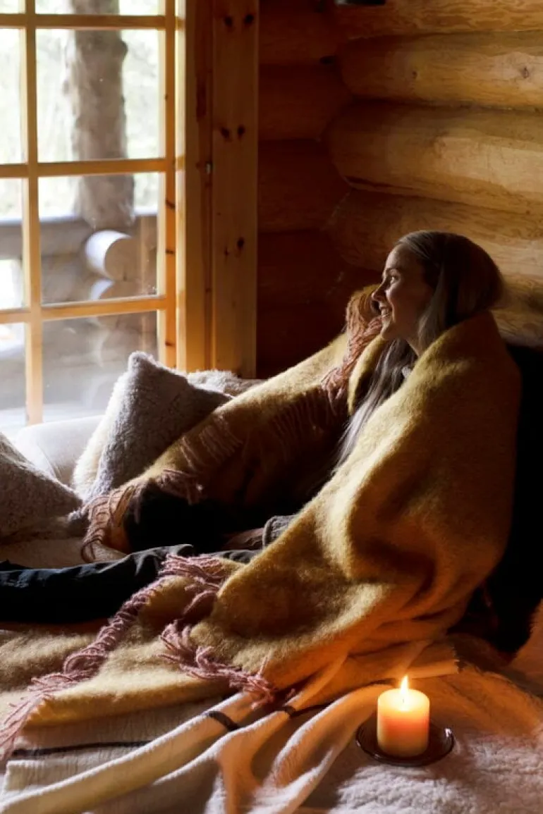 Lapuan Kankurit Revontuli mohair blanket, powder - ochre