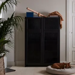 Lundia Classic vitrine, reeded glass, 104 x 149 cm, black lacquered