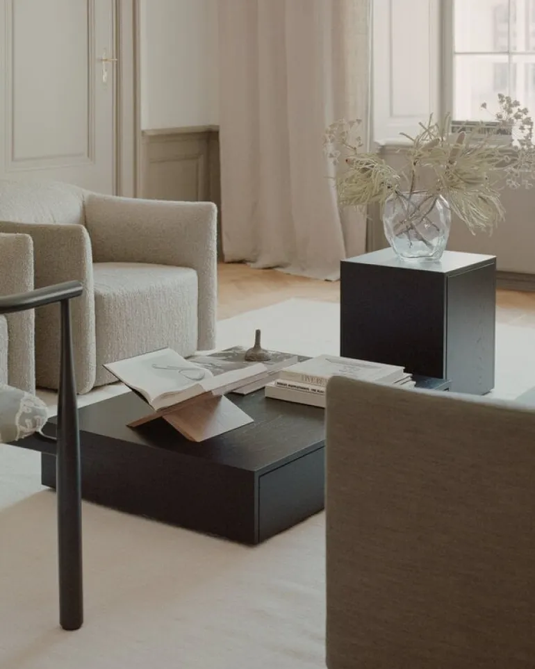 New Works Mass Wide coffee table with drawer, black stained oak