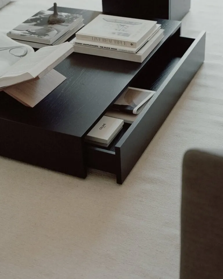 New Works Mass Wide coffee table with drawer, black stained oak