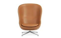 Normann Copenhagen Hyg lounge chair, high, swivel and tilt, aluminium-brandy leathe
