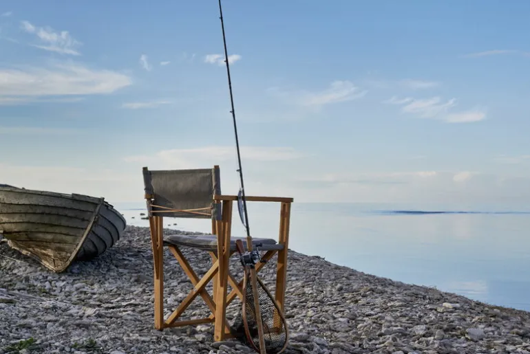 Skargaarden Kryss lounge chair, teak - dark grey Sunbrella Heritage