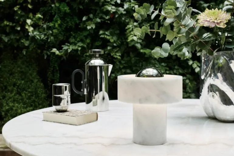 Tom Dixon Stone portable LED table lamp, white marble - silver