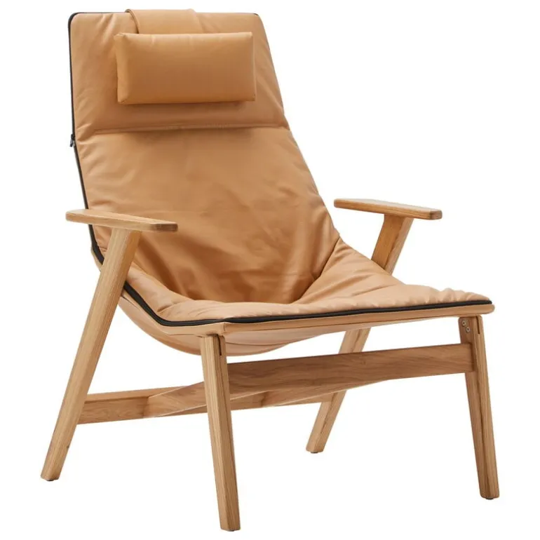 Viccarbe Ace armchair with headrest, matt oak - ochre leather