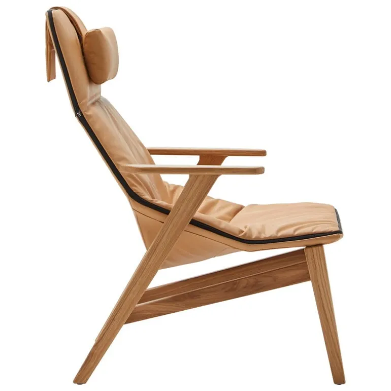 Viccarbe Ace armchair with headrest, matt oak - ochre leather