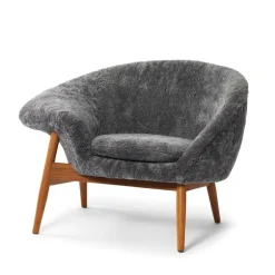 Warm Nordic Fried Egg lounge chair, Scandinavian Grey sheepskin