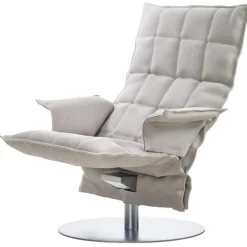 Woodnotes K chair with armrests, swivel plate base, stone/white
